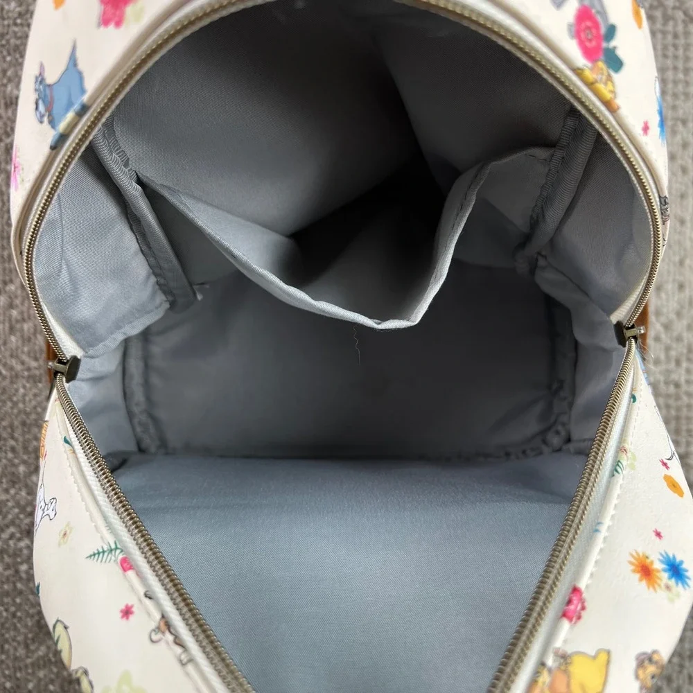Disney Loungefly Mini Backpack Floral Dogs and Cats White Brown Faux Leather